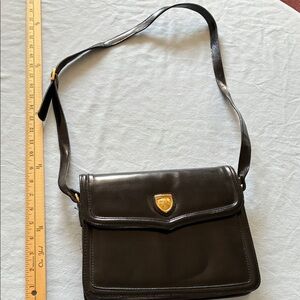 Vintage 1990’s Black Leather Shoulder Bag with Gold Equestrian Shield Accent